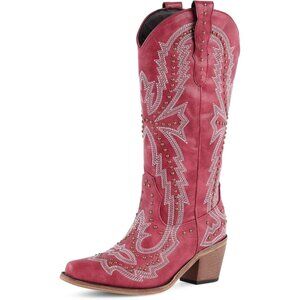 ⚡Women's Red Western Cowgirl Boots Embroidered Knee-High Comfortable Vintage